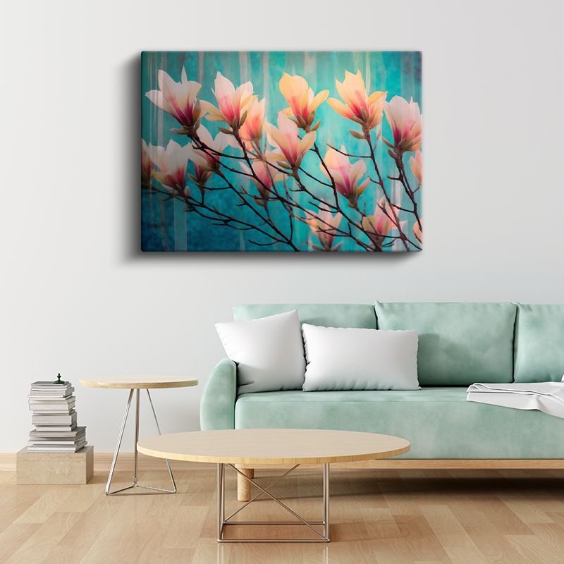 Pembe Manolyalar - Turkuaz Fonda Çiçek Şöleni Kanvas Tablo