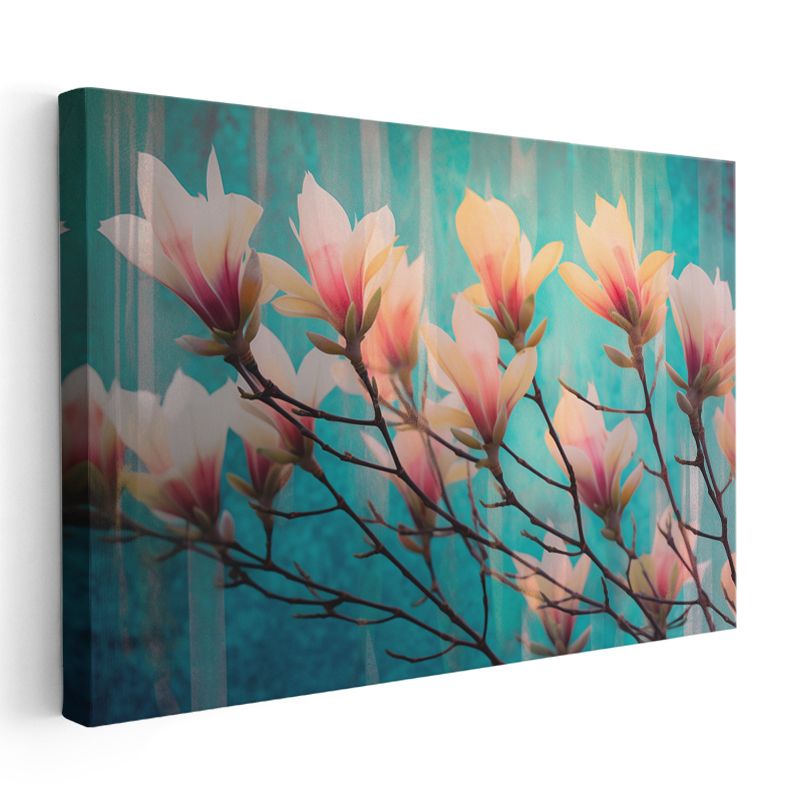 Pembe Manolyalar - Turkuaz Fonda Çiçek Şöleni Kanvas Tablo