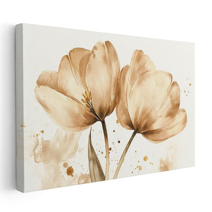 Krem Laleler - Sulu Boya Tarzında Zarif İkili Kanvas Tablo