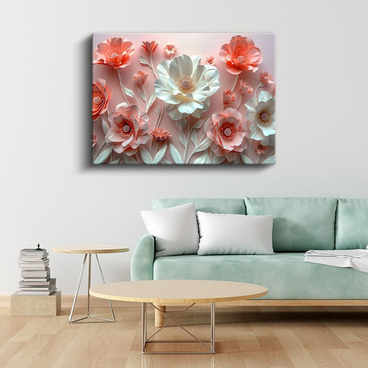3D Çiçekler - Pembe ve Beyaz Kağıt Sanatı Kompozisyonu Kanvas Tablo