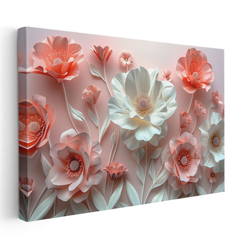 3D Çiçekler - Pembe ve Beyaz Kağıt Sanatı Kompozisyonu Kanvas Tablo