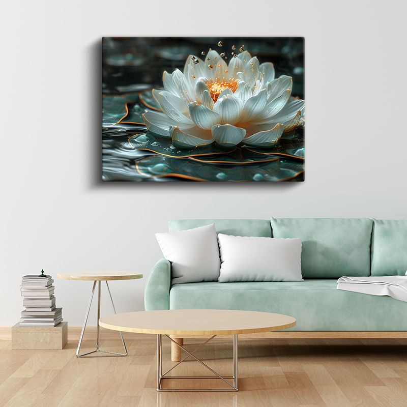 Işıklı Nilüfer - Altın Detaylı Mistik Su Çiçeği Kanvas Tablo