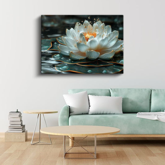 Işıklı Nilüfer - Altın Detaylı Mistik Su Çiçeği Kanvas Tablo