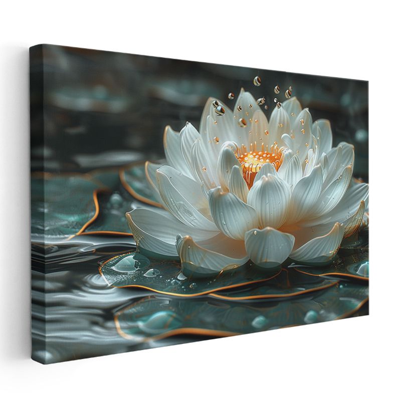 Işıklı Nilüfer - Altın Detaylı Mistik Su Çiçeği Kanvas Tablo
