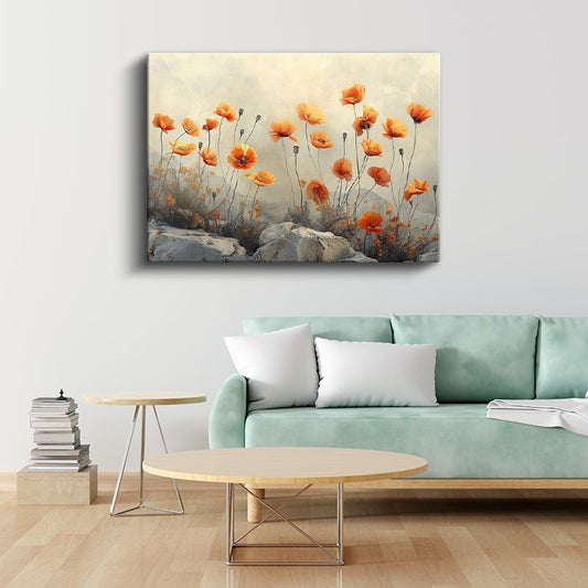 Turuncu Gelincikler - Sisli Manzarada Zarif Çiçek Tarlası Kanvas Tablo
