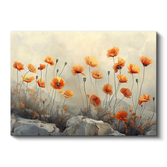 Turuncu Gelincikler - Sisli Manzarada Zarif Çiçek Tarlası Kanvas Tablo