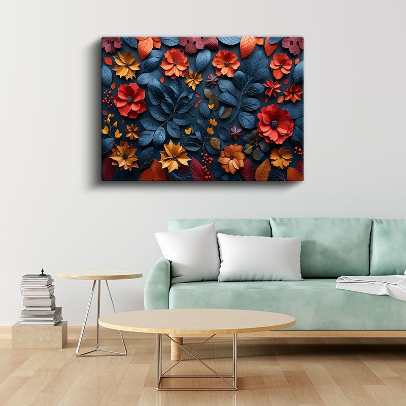 Sonbahar Kompozisyonu - Mavi Yapraklar ve Kırmızı Çiçekler Kanvas Tablo