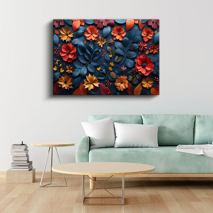 Sonbahar Kompozisyonu - Mavi Yapraklar ve Kırmızı Çiçekler Kanvas Tablo