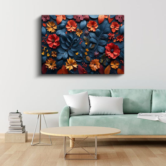 Sonbahar Kompozisyonu - Mavi Yapraklar ve Kırmızı Çiçekler Kanvas Tablo