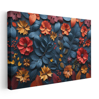 Sonbahar Kompozisyonu - Mavi Yapraklar ve Kırmızı Çiçekler Kanvas Tablo