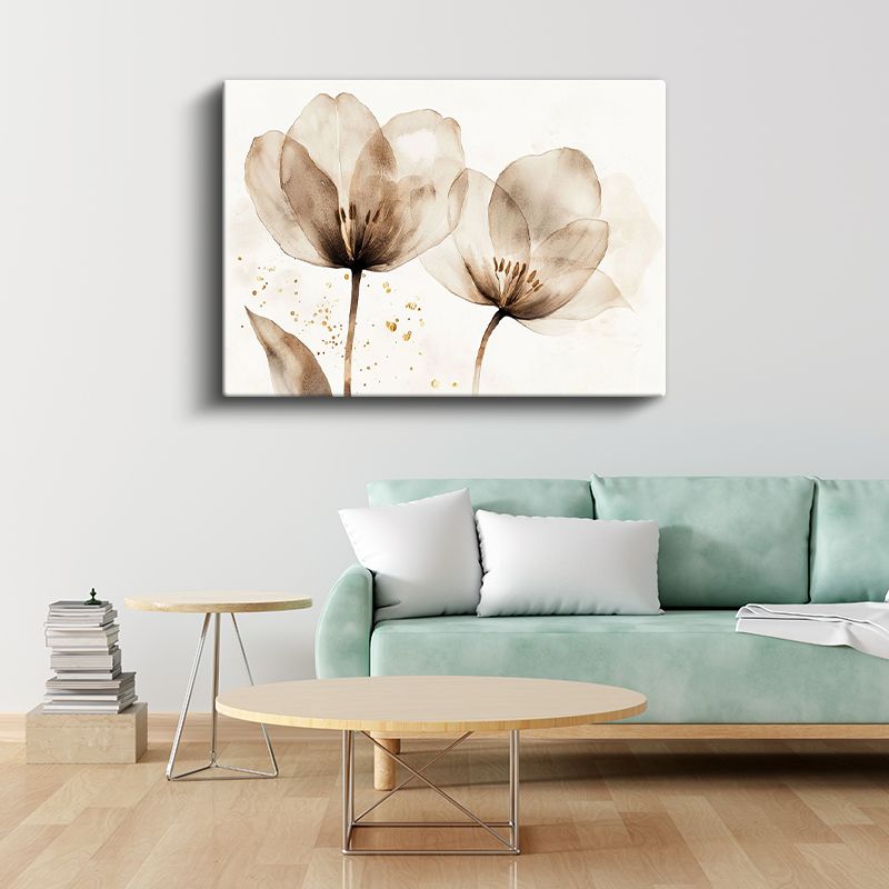 Sepya Laleler - Altın Detaylı Sulu Boya Tarzı Kanvas Tablo