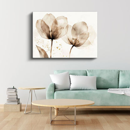 Sepya Laleler - Altın Detaylı Sulu Boya Tarzı Kanvas Tablo