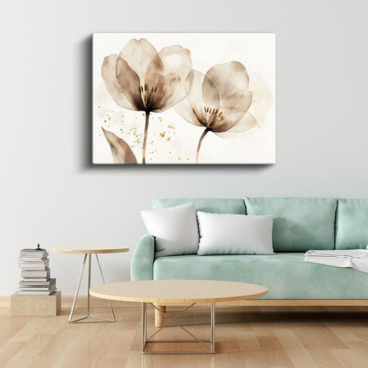 Sepya Laleler - Altın Detaylı Sulu Boya Tarzı Kanvas Tablo