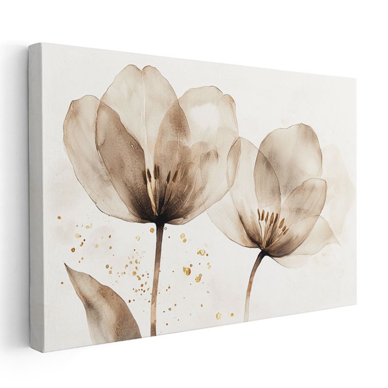 Sepya Laleler - Altın Detaylı Sulu Boya Tarzı Kanvas Tablo