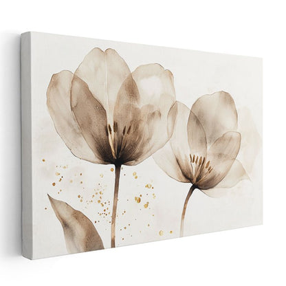 Sepya Laleler - Altın Detaylı Sulu Boya Tarzı Kanvas Tablo