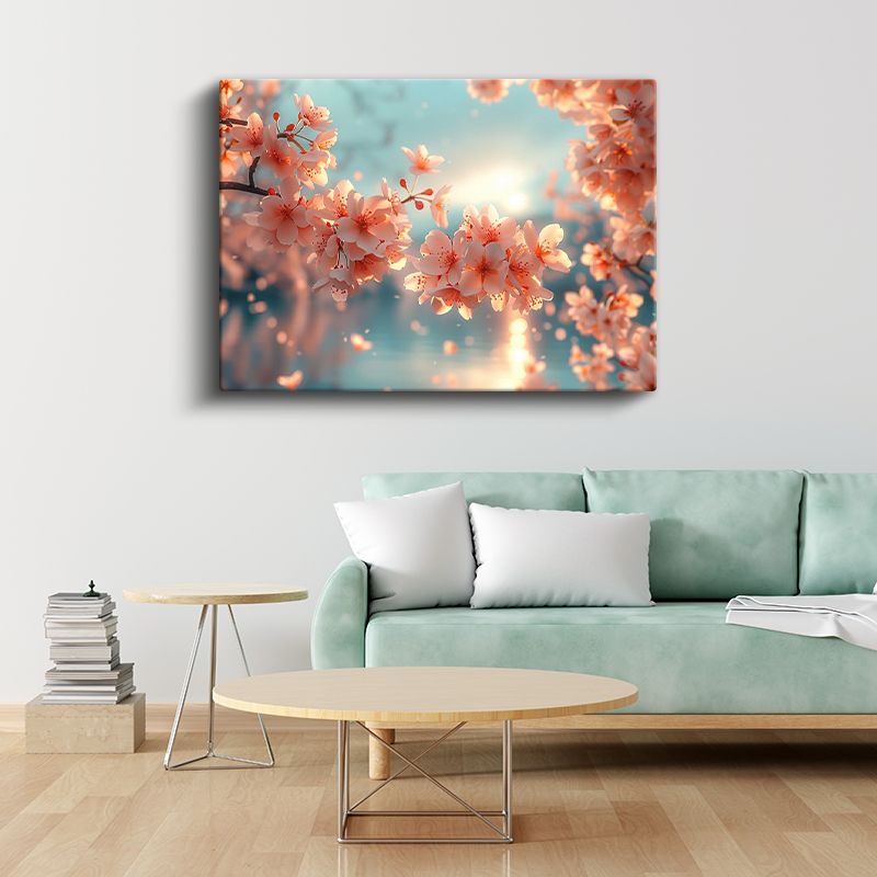 Kiraz Çiçekleri - Turkuaz Fonda Işıltılı Bahar Dalları Kanvas Tablo