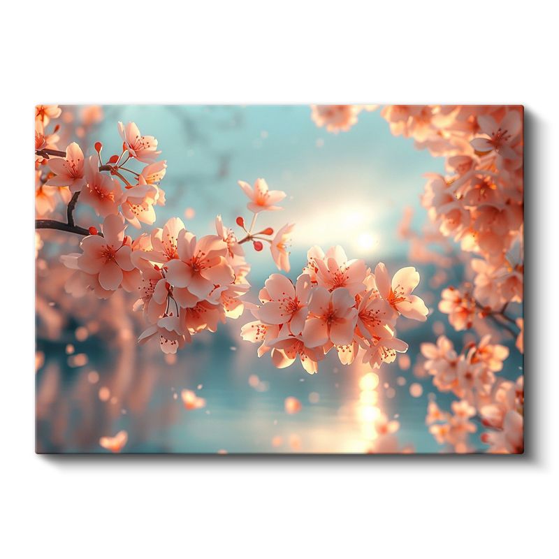 Kiraz Çiçekleri - Turkuaz Fonda Işıltılı Bahar Dalları Kanvas Tablo