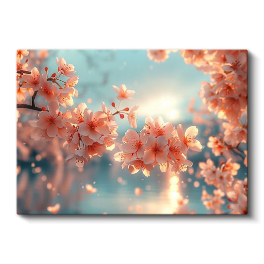 Kiraz Çiçekleri - Turkuaz Fonda Işıltılı Bahar Dalları Kanvas Tablo