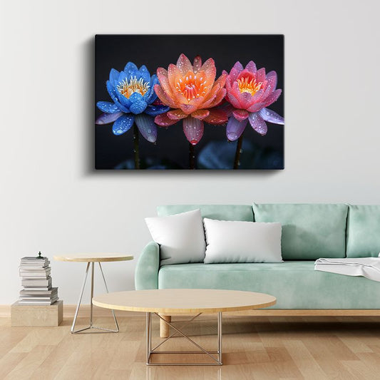Renkli Nilüferler - Çiy Damlacıklı Üç Renk Lotus Kanvas Tablo