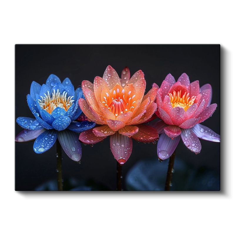 Renkli Nilüferler - Çiy Damlacıklı Üç Renk Lotus Kanvas Tablo