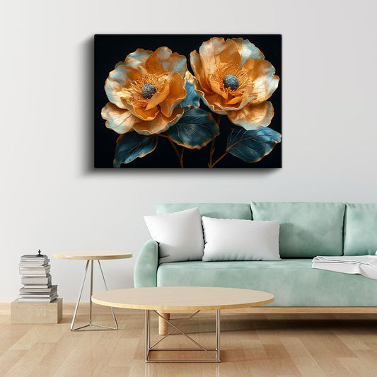 Altın Çiçekler - Turkuaz Yapraklı Metalik İkili Kanvas Tablo