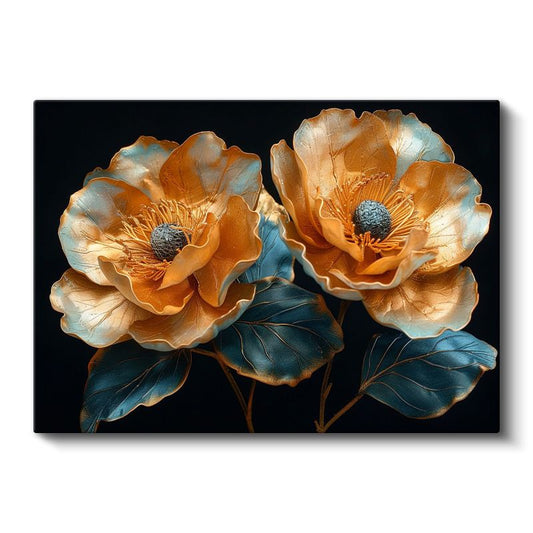 Altın Çiçekler - Turkuaz Yapraklı Metalik İkili Kanvas Tablo