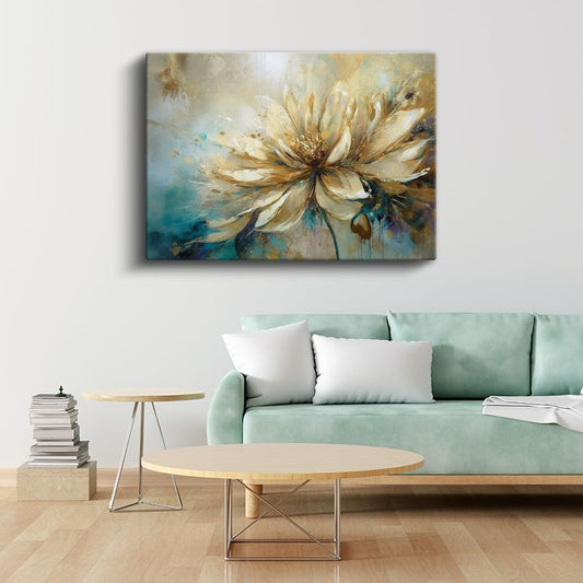 Krem Çiçek - Turkuaz ve Altın Tonlarında Soyut Tasarım Kanvas Tablo