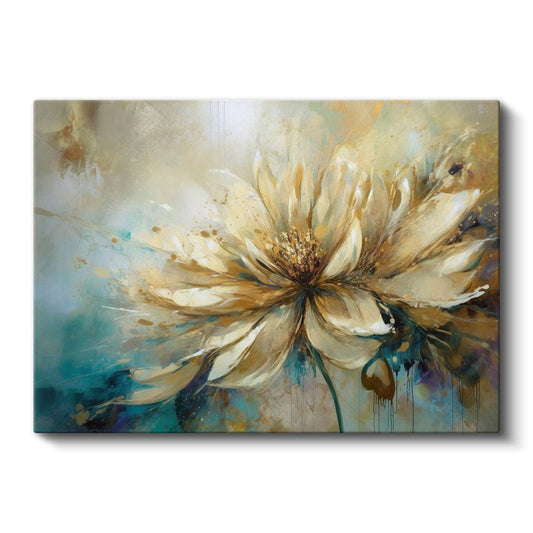 Krem Çiçek - Turkuaz ve Altın Tonlarında Soyut Tasarım Kanvas Tablo