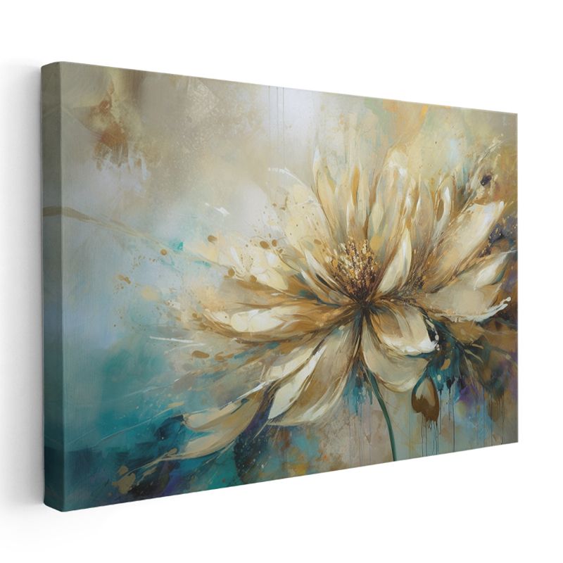 Krem Çiçek - Turkuaz ve Altın Tonlarında Soyut Tasarım Kanvas Tablo