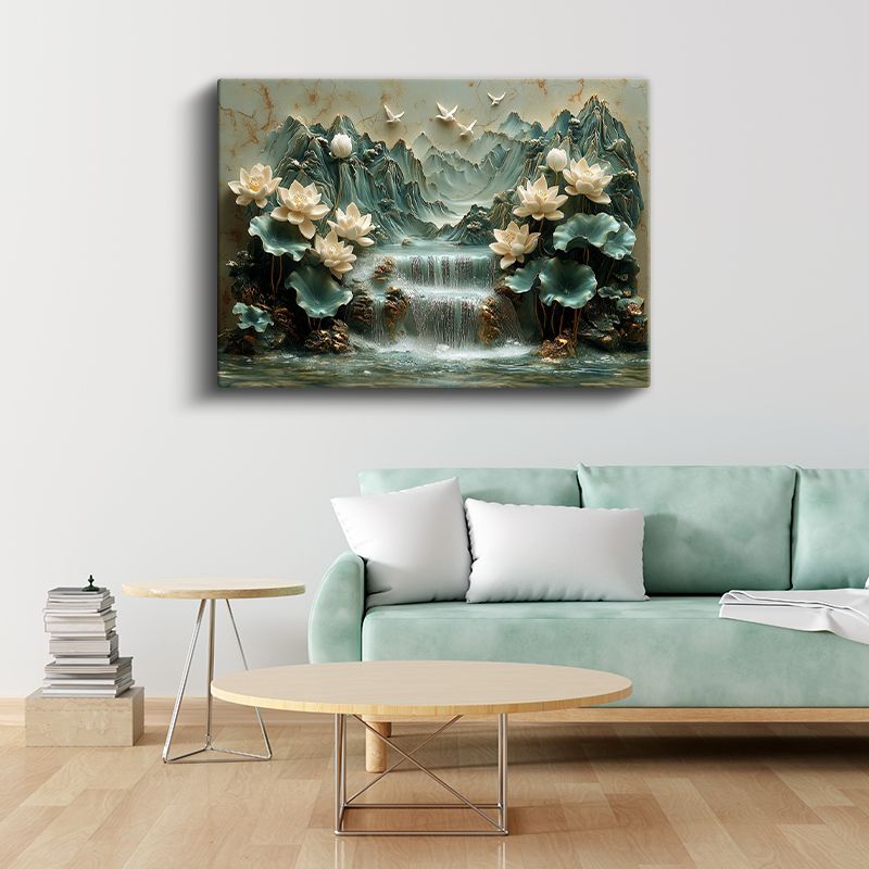 Nilüfer Cenneti - Şelale Manzaralı Kabartma Görünümlü Lotus Kanvas Tablo