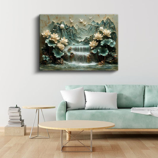 Nilüfer Cenneti - Şelale Manzaralı Kabartma Görünümlü Lotus Kanvas Tablo