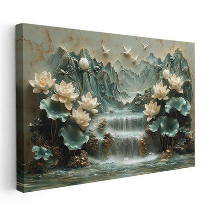 Nilüfer Cenneti - Şelale Manzaralı Kabartma Görünümlü Lotus Kanvas Tablo