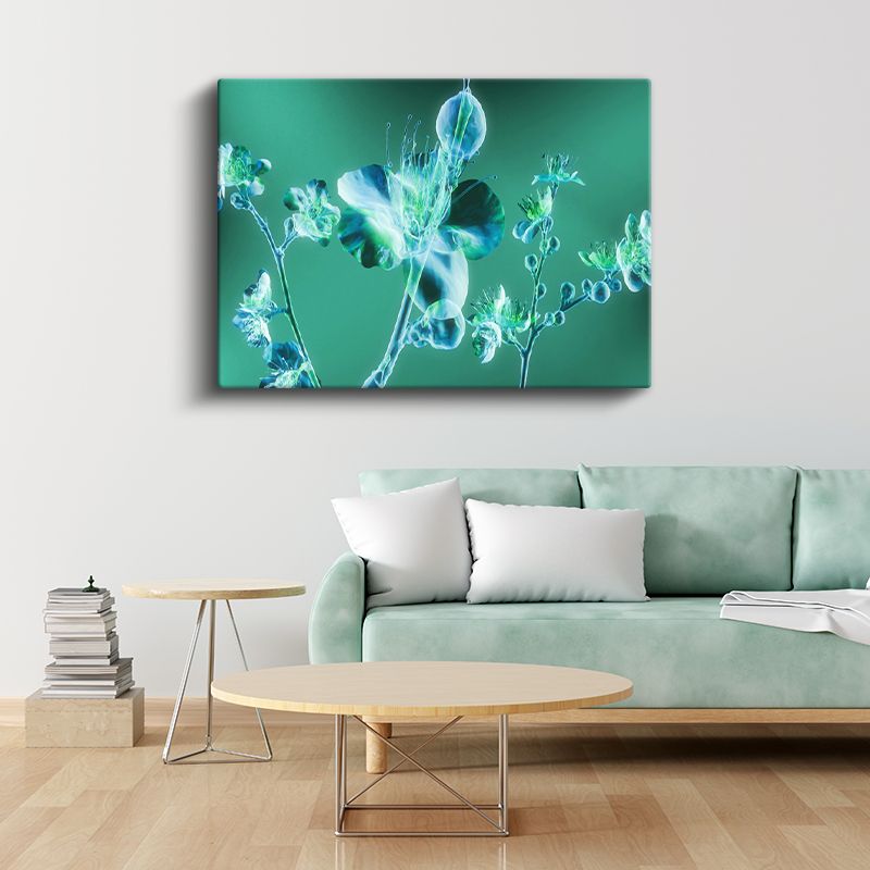 Neon Çiçekler - Yeşil Fonda Işıklı Bitki Silueti Kanvas Tablo