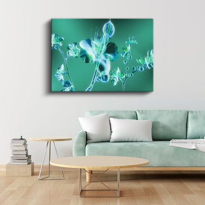 Neon Çiçekler - Yeşil Fonda Işıklı Bitki Silueti Kanvas Tablo
