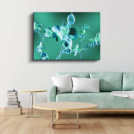 Neon Çiçekler - Yeşil Fonda Işıklı Bitki Silueti Kanvas Tablo