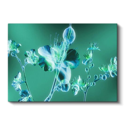 Neon Çiçekler - Yeşil Fonda Işıklı Bitki Silueti Kanvas Tablo
