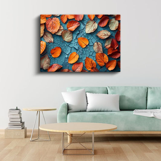 Sonbahar Yaprakları - Çatlaklı Turkuaz Zeminde Turuncu Detaylar Kanvas Tablo