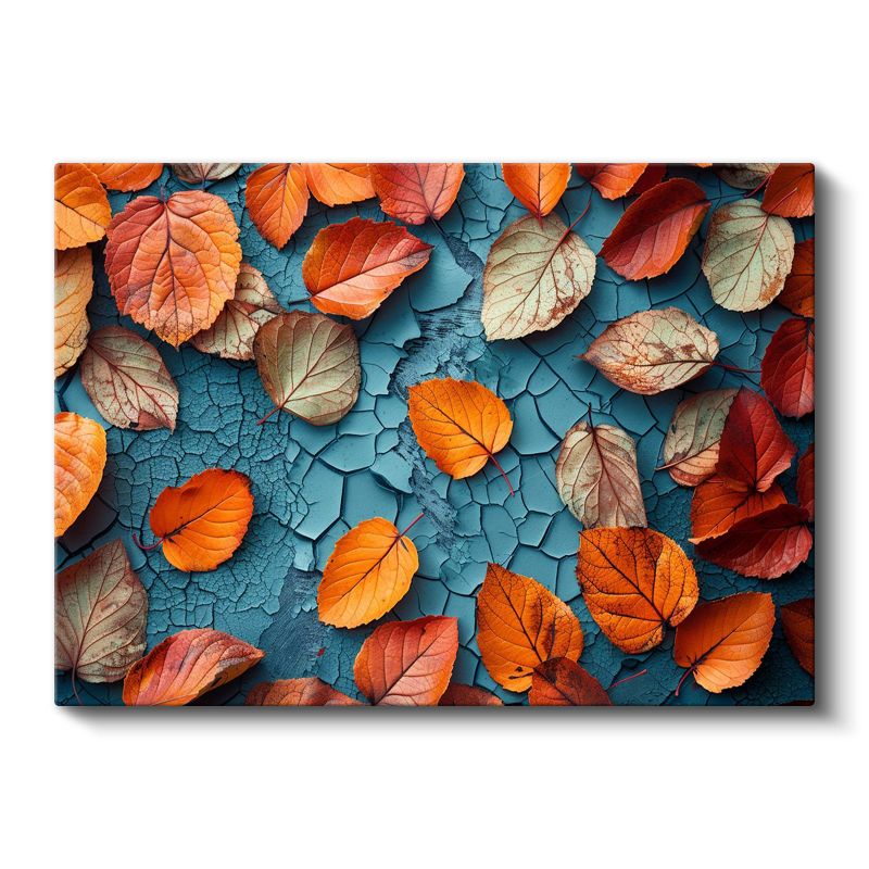 Sonbahar Yaprakları - Çatlaklı Turkuaz Zeminde Turuncu Detaylar Kanvas Tablo