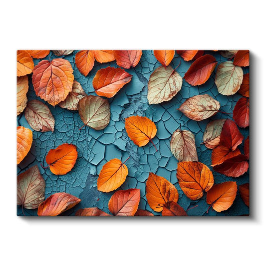 Sonbahar Yaprakları - Çatlaklı Turkuaz Zeminde Turuncu Detaylar Kanvas Tablo