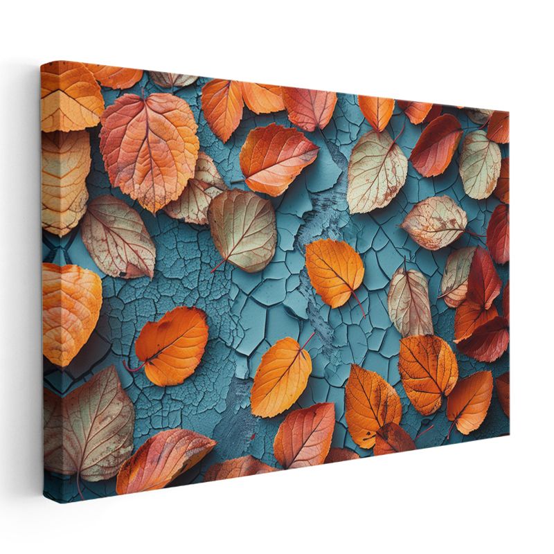 Sonbahar Yaprakları - Çatlaklı Turkuaz Zeminde Turuncu Detaylar Kanvas Tablo