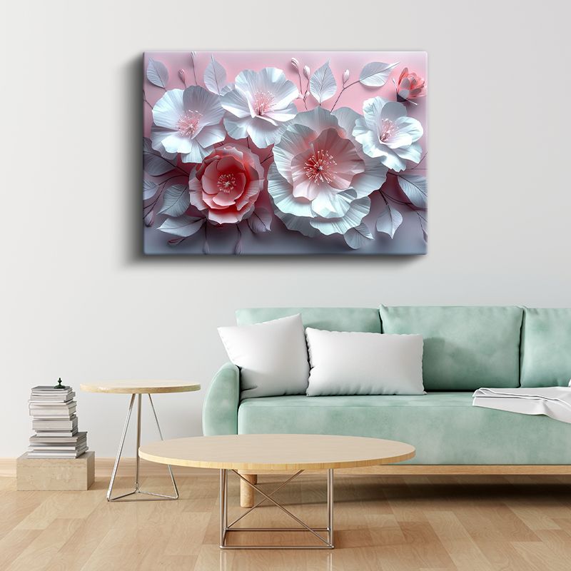 Kağıt Çiçekler - Pembe Fonda Beyaz 3D Kompozisyon Kanvas Tablo