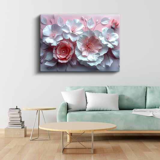 Kağıt Çiçekler - Pembe Fonda Beyaz 3D Kompozisyon Kanvas Tablo