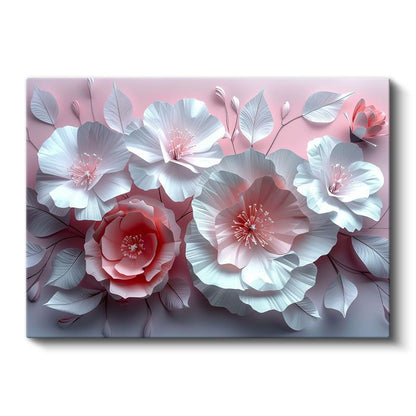 Kağıt Çiçekler - Pembe Fonda Beyaz 3D Kompozisyon Kanvas Tablo