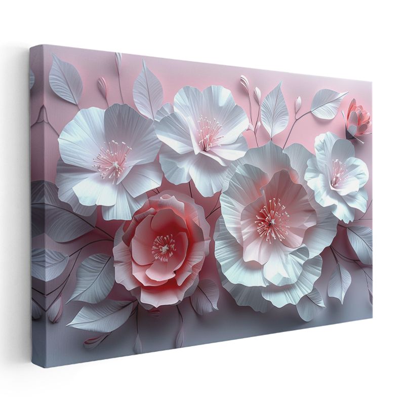 Kağıt Çiçekler - Pembe Fonda Beyaz 3D Kompozisyon Kanvas Tablo