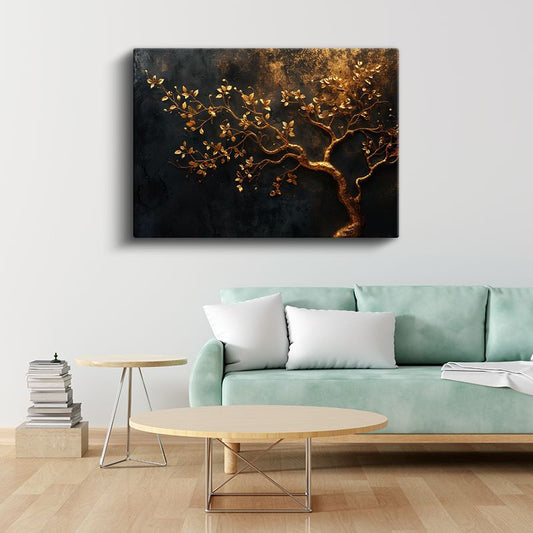 Altın Ağaç - Siyah Fonda Işıltılı Yapraklar Kanvas Tablo