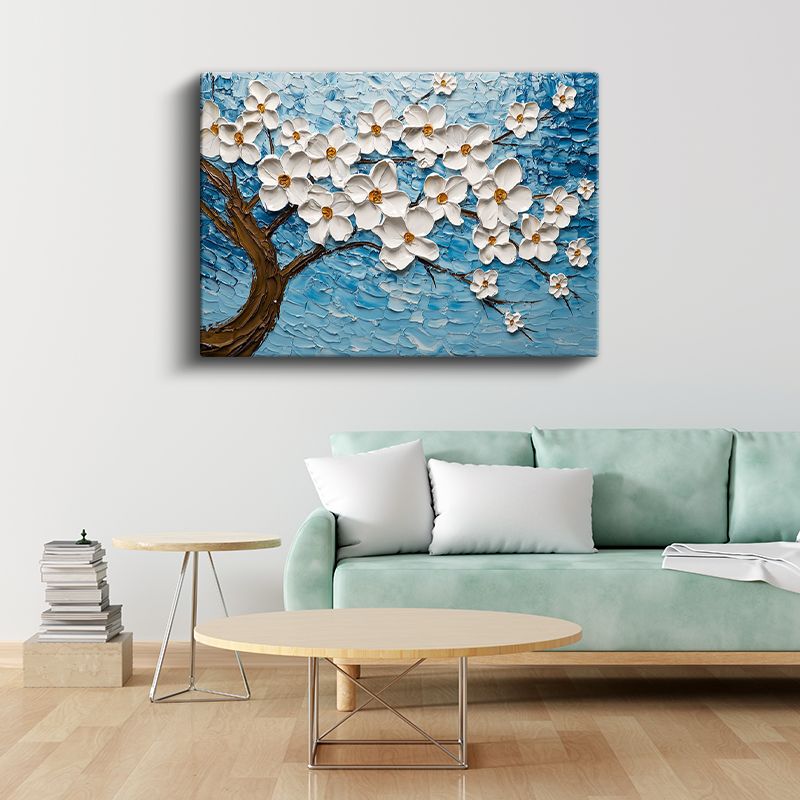 Beyaz Çiçek Ağacı - Mavi Fonda Kabartma Görünümlü Bahar Dalı Kanvas Tablo