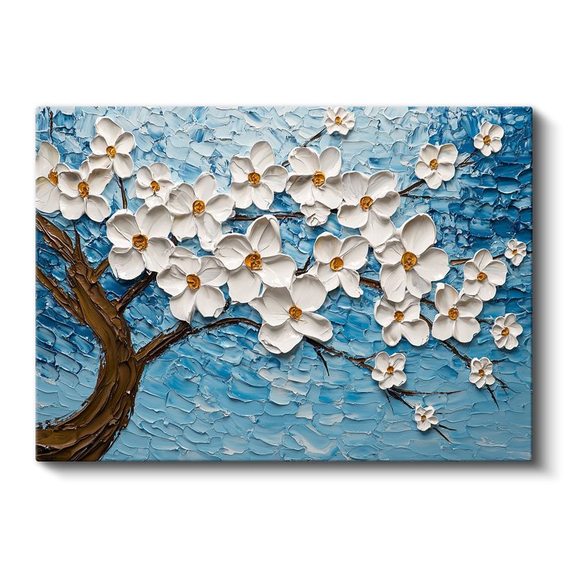 Beyaz Çiçek Ağacı - Mavi Fonda Kabartma Görünümlü Bahar Dalı Kanvas Tablo