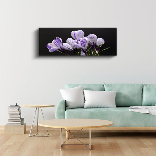 Mor Çiğdemler - Siyah Fonda Zarif Çizgili Çiçekler Kanvas Tablo