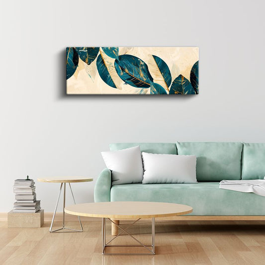 Turkuaz Yapraklar - Krem Fonda Altın Detaylı Botanik Desen Kanvas Tablo