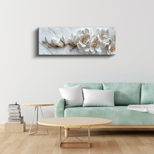 Beyaz Manolyalar - Kabartma Görünümlü Zarif Çiçek Dalı Kanvas Tablo